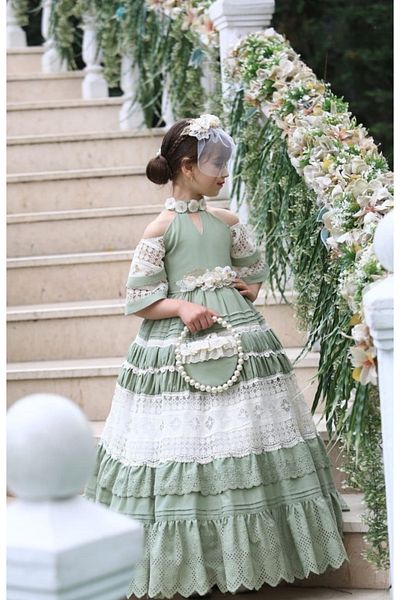 Ribbon kids Long Lace Detailed Off-The-Shoulder Princess Dress + Bag + Belt + Hair Band 4-Piece Combination