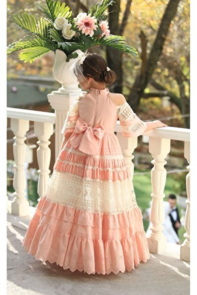 Ribbon kids Uzun Dantel Detaylı Omzu Açık Prenses Elbise + çanta + Kemer + saç bandı 4lü Kombin
