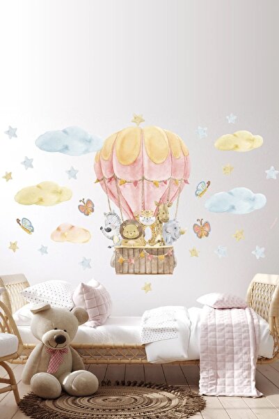 Sevimli Hayvanlar Balon Yolculuğu Kelebekler Yıldızlar Ve Bulutlar Pastel Renk Sticker Seti