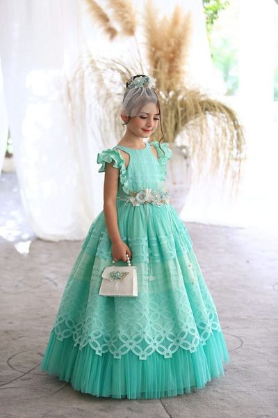 Ribbon kids Long Floral Princess Dress Ideal for Special Occasions. + Bag + Belt + Hair Band 4-Piece Combination