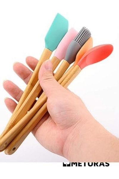 STOREMAX Mrttnca Kitchen Bamboo Silicone Heat Resistant Spoon Ladle Set Set of 5 Colorful Trndymrt 108