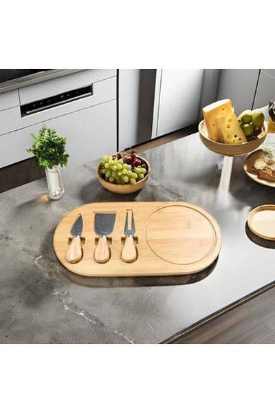 STOREMAX Ntwork Bamboo Cheese Serving Plate, 3 Piece Cheese Knife and Fork Set, Total 4 Pieces, Do