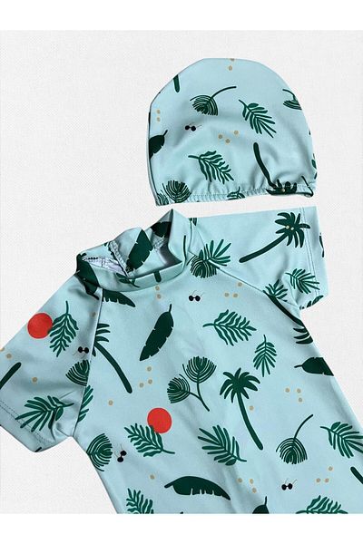 Fil Kids Boys' Turquoise Palm Print Short Sleeve Tight Woven Quick Dry Bonnet Swimsuit