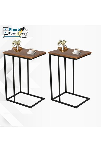 PixelsFurniture Set of 2 Pixel Furniture C-Shaped Side Table for Sofa and Bed, Table with Solid Metal Bases, Brown
