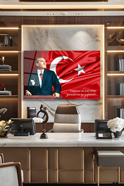 home dekors Atatürk Portresi ve Türk Bayrağı Vatanını En Çok Seven Cam Tablo İş Ofis Makam Odası Hediyelik Tablo