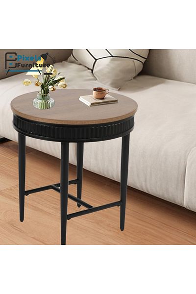 PixelsFurniture Pixel Furniture Sturdy Round Side Coffee Table with Wood Top and Metal Base