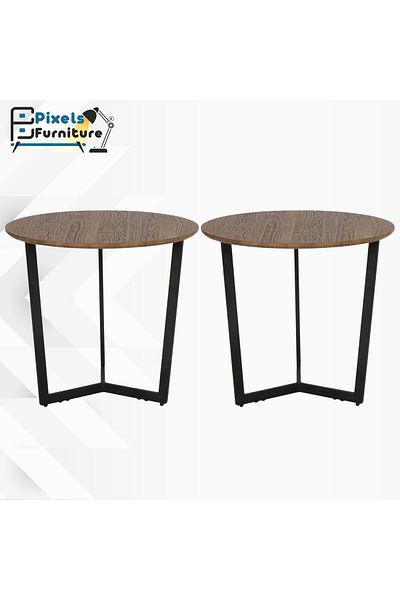 PixelsFurniture Set of 2 Sturdy Round Side Tables from Pixel Furniture for Coffee with Wood Top and Metal Bases