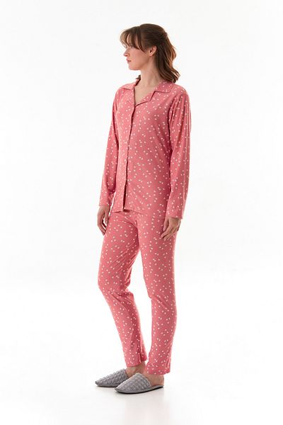 Fulla Moda Heart Patterned Shirt Collar Suede Pajama Set
