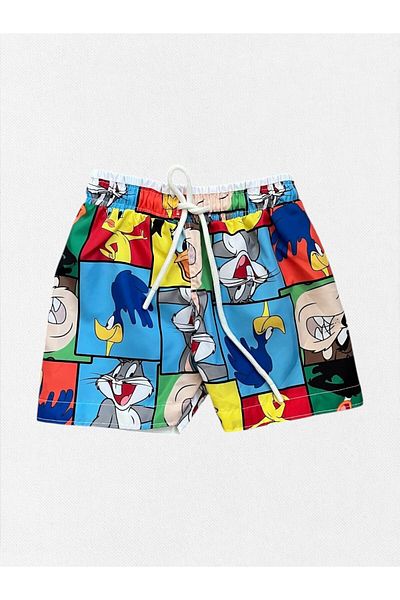 Fil Kids Boys Blue Cartoon Heroes Pattern Quick Dry Tight Woven Fabric Drawstring Swim Shorts