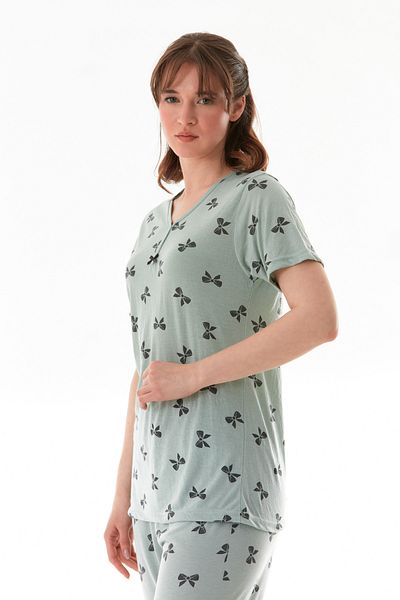 Fulla Moda Bow Patterned Short Sleeve Capri Pajama Set