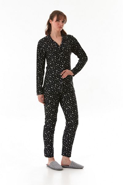Fulla Moda Set de pijamale din piele intoarsa cu guler camasa cu model fulgi de nea
