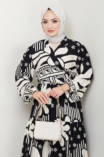 InStyle Floral Geometric Pattern Black Viscose Set