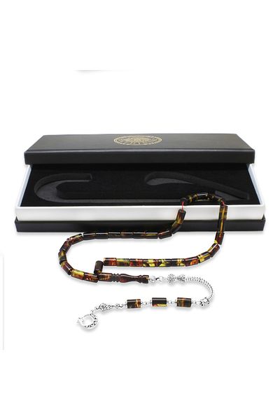 Tesbihane Anti-Tarnish Metal Tasseled Cut Bala-Black Fire Amber Rosary
