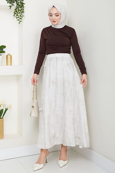 InStyle Fusta Ecru cu detaliu fundita si talie elastica