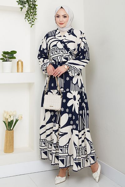 InStyle Floral Geometric Pattern Navy Blue Viscose Suit