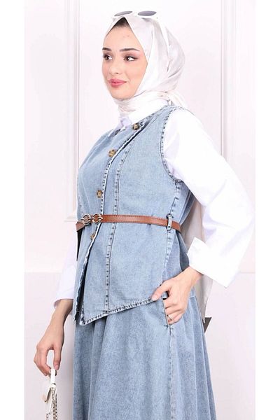 SMY New Season Leather Belted Denim Vest and Skirt Set