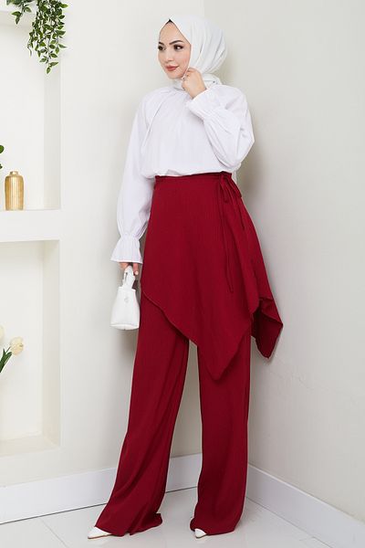 InStyle Pantaloni din crep burgundy cu detaliu de cravată încrucișată