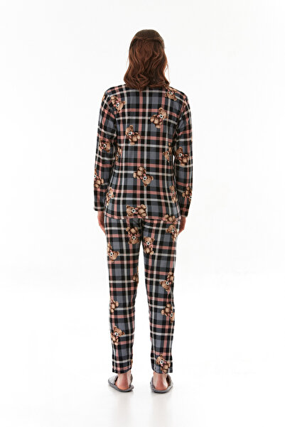 Fulla Moda Ayıcık Desenli Gömlek Yaka Süet Pijama Takımı