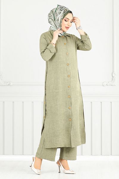 ModaMerve Front Buttoned Linen Suit 833Ozr1047-M Çağla