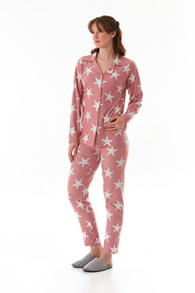 Fulla Moda Star Patterned Shirt Collar Suede Pajama Set