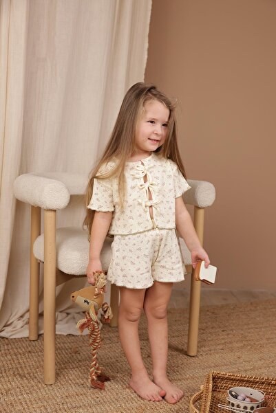 OhlalaKoala Bağcıklı Pembe Çiçek Desenli Kız Şort Takım