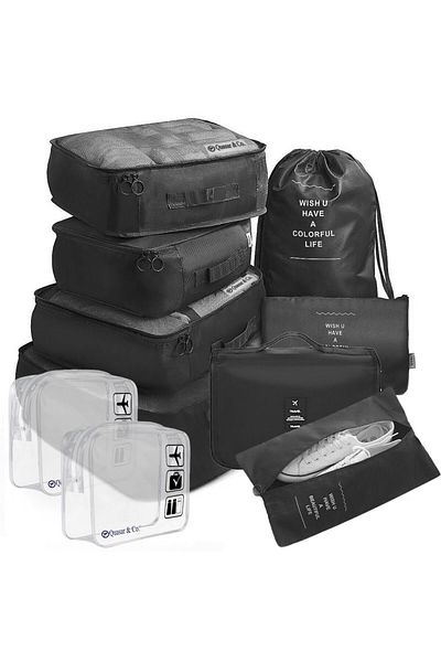 Quasar & Co. Set 8 Huse Organizare Bagaj Cu 2 Gentute Cosmetice, ®,accesorii Troler,negru