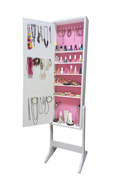 First Mobilya Yıldız -YK- Demonte Ayaklı Aynalı Takı Dolabı Hediyelik Çok Amaçlı G-Beyaz K-Pembe