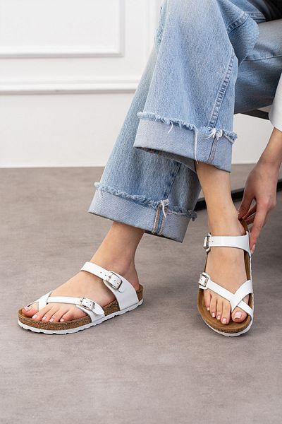 Uniqueqoop Lisbon Genuine Leather Cork Sole Orthopedic Flip Flops Women's Slippers
