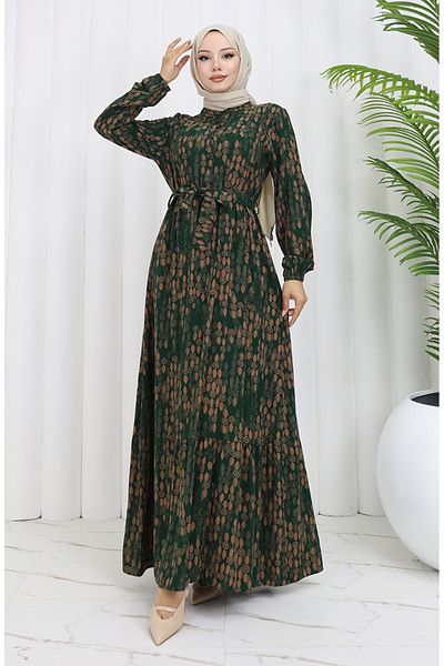 sefamerve Φόρεμα με ζώνη από ύφασμα βισκόζης 4075-01 Emerald Green