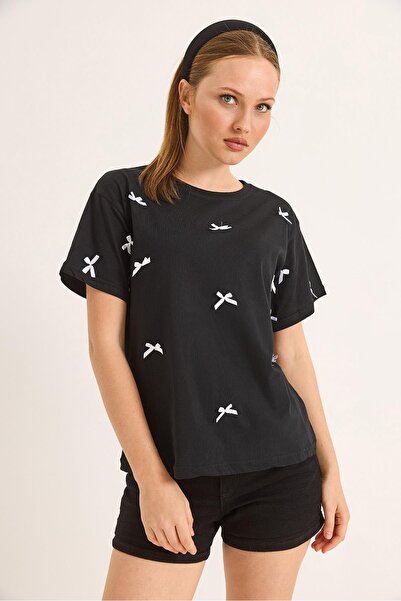 Raneel Kazançlı Alışveriş Bow Detailed Fit Cotton Tshirt Black