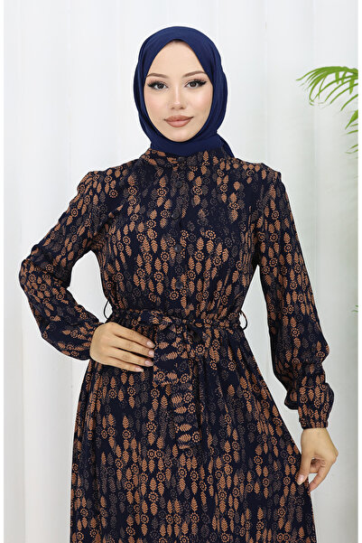 sefamerve Viskon Kumaş Düğmeli Kuşaklı Elbise 4075-02 Lacivert