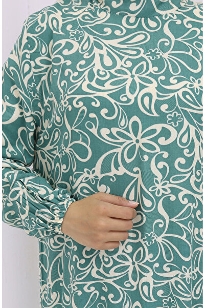 sefamerve Viskon Kumaş Kolu Lastikli Desenli Elbise 2036-02 Çağla Yeşili