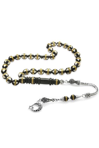 Tesbihane White Enamel Filled Brass Spiral Globe Cut Kuka Rosary with Non-Tarnish Metal Tassels