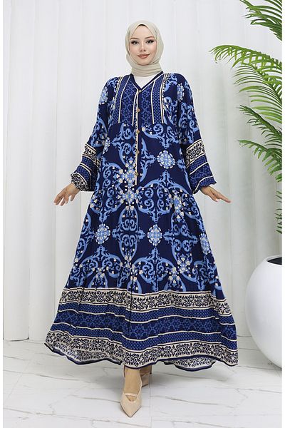 sefamerve Φόρεμα με μοτίβο από ύφασμα βισκόζης 0052-01 Navy Blue