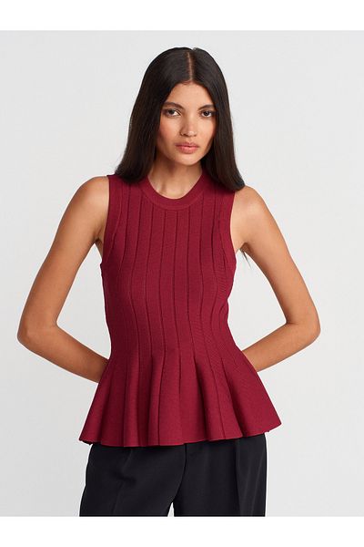Dilvin 10740 Crew Neck Flounce Knitwear Blouse-Light Claret Red