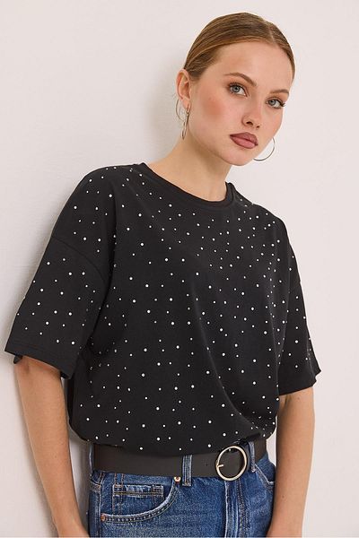 Raneel Kazançlı Alışveriş Tricou din bumbac premium cu detaliu de piatră, negru