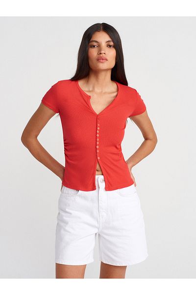 Dilvin 31838 Button Short Sleeve Top-Red
