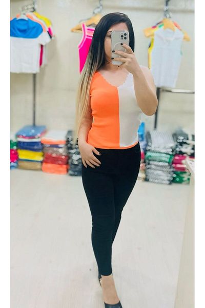 Butik Zeyoo Collection Women's Thick Strap Two Tone V Neck Crop