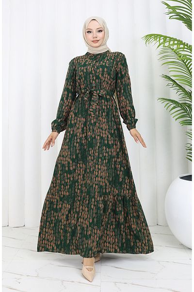 sefamerve Φόρεμα με ζώνη από ύφασμα βισκόζης 4075-01 Emerald Green