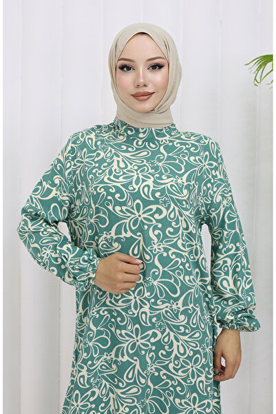 sefamerve Viskon Kumaş Kolu Lastikli Desenli Elbise 2036-02 Çağla Yeşili