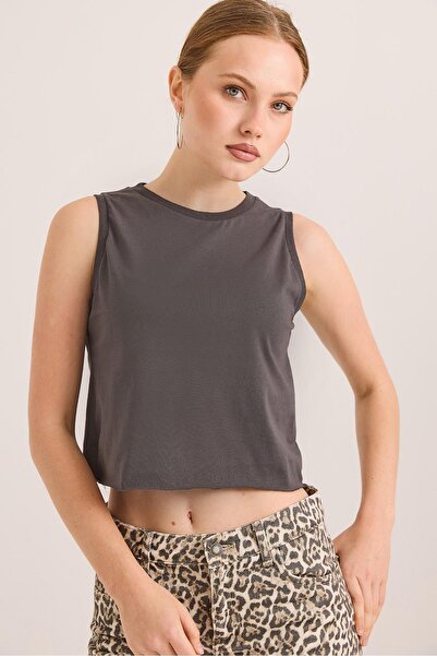 Raneel Kazançlı Alışveriş Zero Sleeve Round Neck Cool Crop Tshirt Smoked
