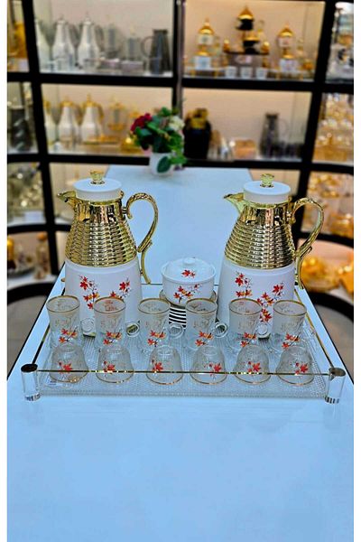 D&H 22-Piece Thermos Tea Set – 2 Thermoses, 6 Tea Cups & Saucers, 6 Cawa Cups, Tray & Sugar Bowl