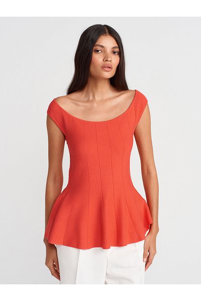 Dilvin 10741 Boat Neck Flounced Knitwear Blouse-A.Red