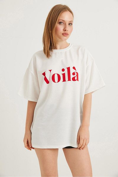 Raneel Kazançlı Alışveriş Tricou oversize cu două fire cu imprimeu Voila, alb