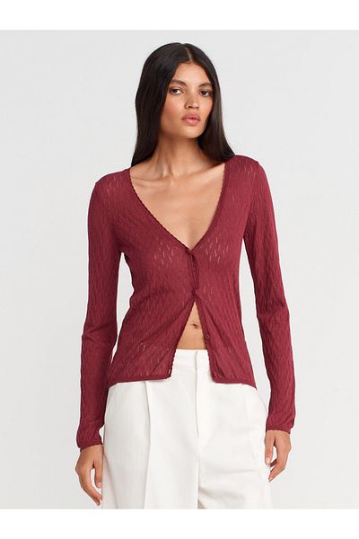 Dilvin 60969 V-Neck Openwork Button Slim Knitwear Cardigan-Burgundy