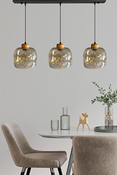 Bamyum Dijon Bal Rengi Üçlü Sarkıt Avize Geniş Ahşap Başlık Salon Mutfak Avizeleri Pastane Modelleri