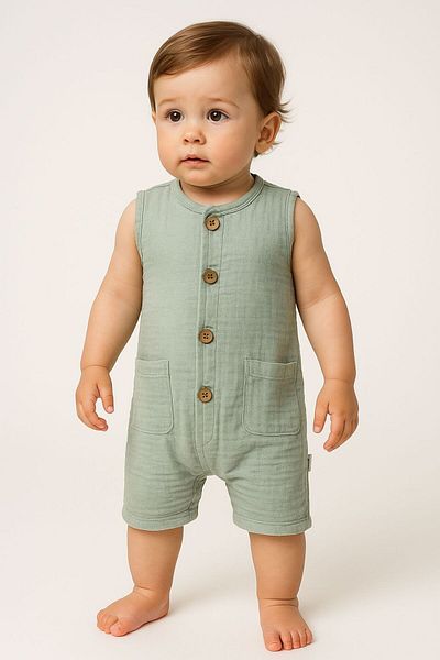 Mai Perla Organic Muslin Summer Natural Baby Jumpsuit with Pockets
