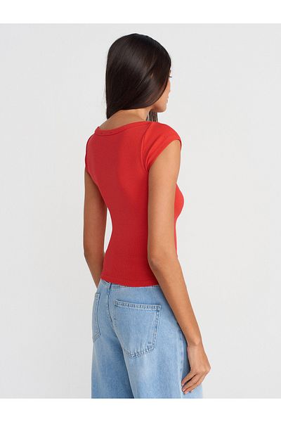 Dilvin 31809 Boat Neck Ribbed T-Shirt-Red