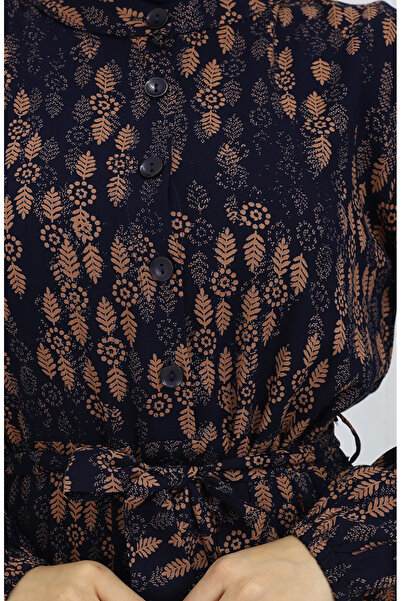 sefamerve Viskon Kumaş Düğmeli Kuşaklı Elbise 4075-02 Lacivert