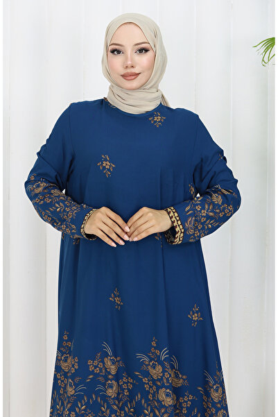 sefamerve Viskon Kumaş Çiçekli Desenli Tunik 1004-01 İndigo